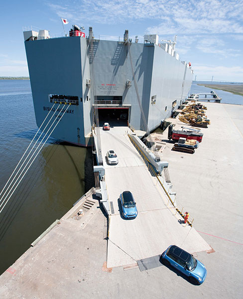 Autos unloading from a ro-ro carrier at Colonel’s Island, Port of Brunswick, GPA
