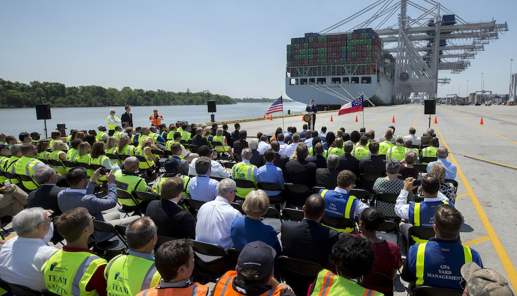 Georgia Governor Nathan Deal speaks in front of the container ship COSCO Development at the Port of Savannah, Friday, May 12, 2017, in Savannah, Ga. At a capacity of 13,000 twenty-foot equivalent container units, the Development is the largest ship ever to call on the U.S. East Coast. Find print quality images here. Georgia Ports Authority/Stephen B. Morton
