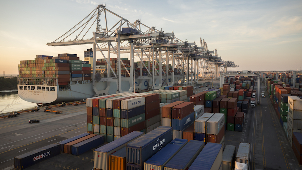 At Georgia's deepwater ports, container trade grew by 5.8 percent in the first quarter of Fiscal Year 2018. Total tonnage increased by 7.3 percent. (Georgia Ports Authority/Stephen B. Morton)