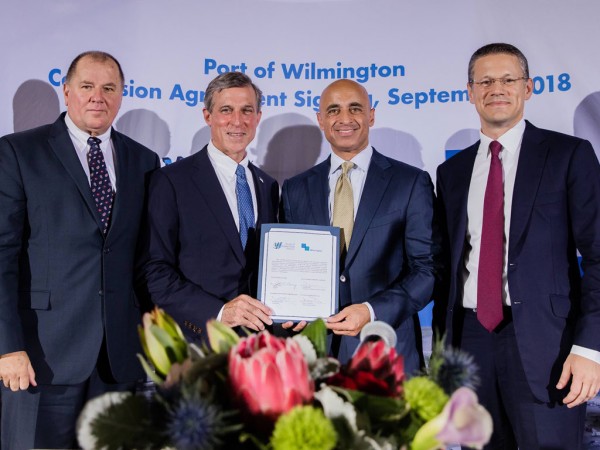 Peter Richards, Group CEO of Gulftainer; Delaware Gov. John Carney; H.E. Yousef Al Otaiba, Ambassador of the United Arab Emirates to the United States; and Badr Jafar, Chairman of Gulftainer’s Executive Board, at the ceremony marking the Port of Wilmington concession agreement signing on Sept. 18, 2018.