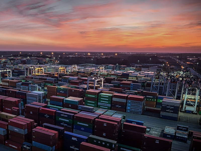 The Port of Savannah moved 356,700 twenty-foot equivalent container units in April, an increase of 7.1 percent. (Georgia Ports Authority/Stephen B. Morton)