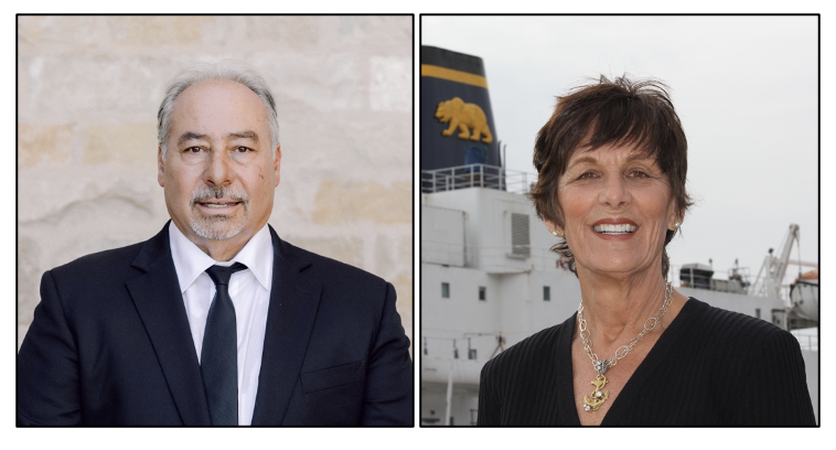 From left: Joseph S. Gregorio, Sr., CEO and Chairman of Pacific Crane Maintenance Corporation, LLC (PCMC) and Captain Lynn Korwatch, Executive Director of Marine Exchange of the San Francisco Bay Region