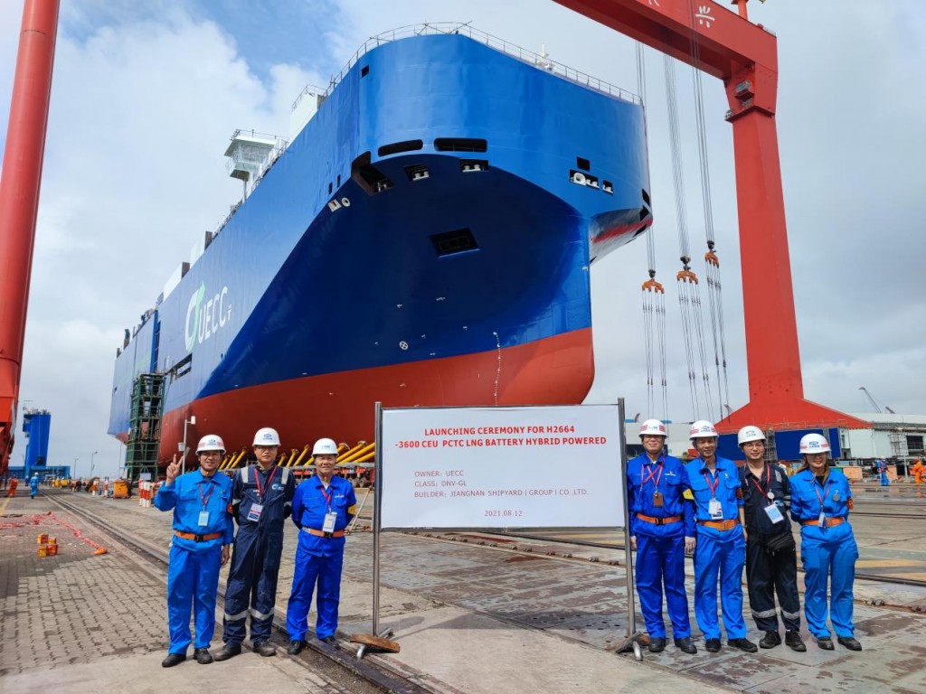 The second of UECC’s newbuild LNG battery PCTCs on the water after being launched this week at Jiangnan Shipyard. Credit: UECC