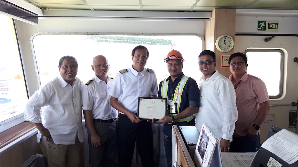 Presentation of maiden call certificate (from left): Eduardo Sales, Evergreen Deputy Junior Vice President; Glenn A. Juezan, Cape Fulmar Chief Officer; Captain Dennis A. Manala, Cape Fulmar Vessel Master; Santi Fuentes, SBITC Terminal Manager; Jonjon Gomez, Evergreen Shipping Equipment Control Manager; and Andy Dela Cuesta, Evergreen Operations Assistant Manager. 