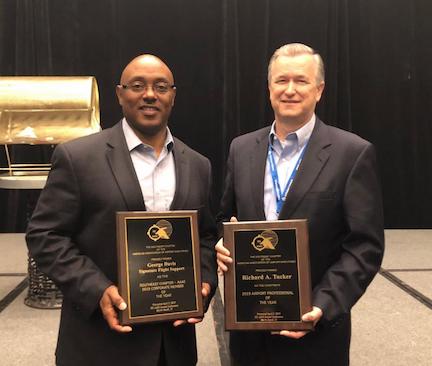 Tucker is George Davis of Signature Flight Support (right) who was recognized as the SEC-AAAE Corporate Member of the Year for his work with non-profit organization FlyQuest on the Mobile Aviation classroom.