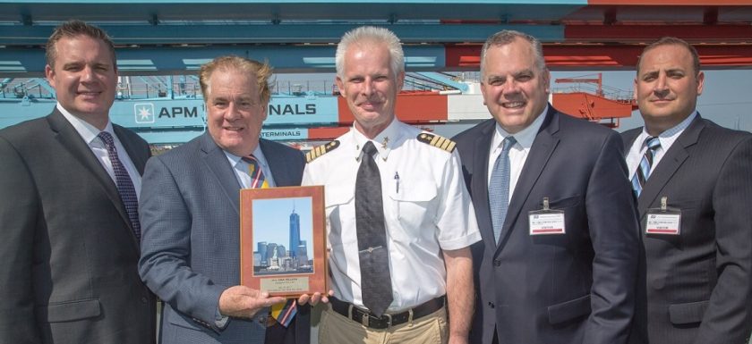 (from L to R), Kurt Mittenzwei, CMA; Kevin McGee, Port Authority; Captain Ralf S. Hauke of the CMA Pelleas; Dick Carthus, Director APMT; Gio Antonucci, Manager APMT. 