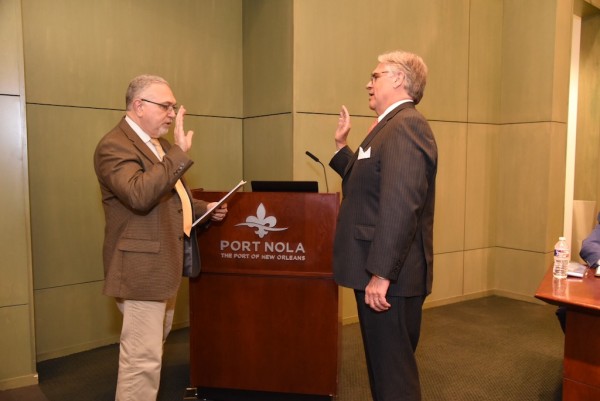 William Langenstein (right) is sworn in by Port NOLA Executive Counsel Brien Gussoni, Jr. (left) during the February board meeting. 
