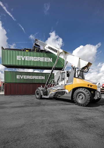 Liebherr Reachstacker LRS 545 hardworking handling container at Antwerp Port Belgium.