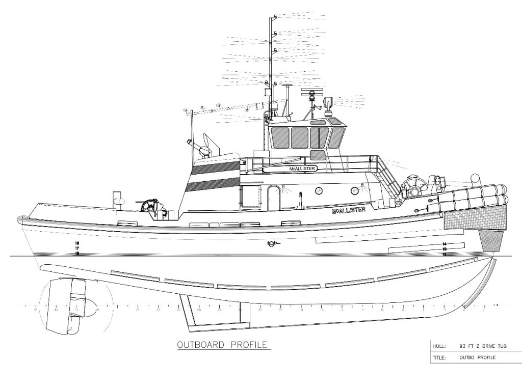 Line drawing of McAllister Towing tug Hull 135