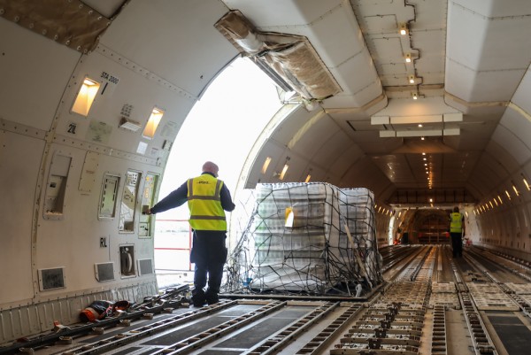 Loading the CargoLogicAir 747 freighter at East Midlands Airport today .jpg