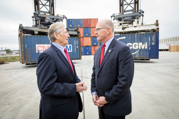 U.S. Department of Transportation Maritime Administrator Paul 'Chip' Jaenichen visits with Port of New Orleans President and CEO Gary LaGrange at the Port of Greater Baton Rouge to officially award a MARAD grant of $1.75 million for Container on Barge service. The visit and award ceremony was held at the SEACOR AMH office Tuesday, Dec. 6, 2016 at the Port's Inland Rivers Marine Terminal in Port Allen, La.