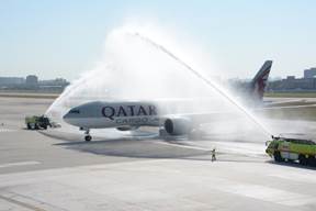 MIA welcomes Qatar Airways with a water cannon salute
