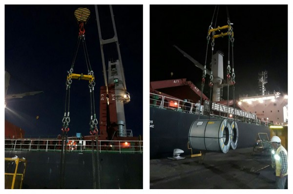 The MOD 24 and MOD 34 combined at the Ingeniero Buitrago Port in Argentina. Slings were passed through the centre of each coil before they were loaded onto an awaiting vessel.