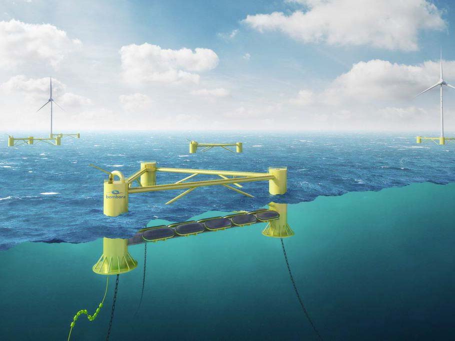Floating mWave™ co-located or integrated with Floating Wind Turbines to optimise seabed lease area utilisation, maximise marine energy generation capacity and reduce the cost of energy.