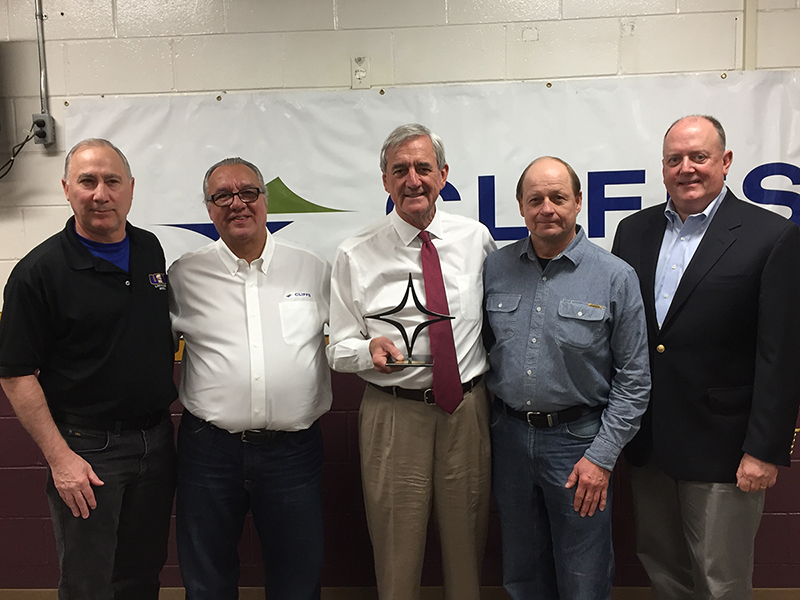 (Pictured, L-R): Frank Jenko, United Steel Workers Local 2705 President; Lourenco Goncalves, Cliffs Chairman, President and CEO; Representative Rick Nolan (D) MN-8; Jonathan Holmes, Vice President and Operations Manager, ArcelorMittal Minorca Mine; and Thomas J. Gibson, President and CEO, American Iron and Steel Institute.