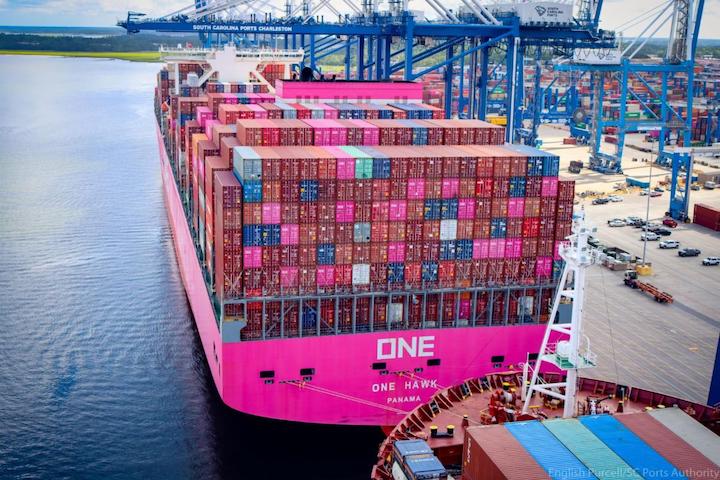The ONE HAWK has a carrying capacity of 14,000 TEUs and recently made its inaugural call in Charleston. Wando Welch Terminal has 13 ship-to-shore cranes with 155 feet of lift height above the wharf deck capable of working large container ships; two more cranes of this height will join the fleet this fall. (Photo/SCPA/English Purcell)