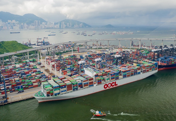 OOCL Hong Kong, one of the six G-Class green vessels, berthing at the Hong Kong port in Kwai Chung. 