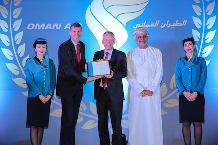 Paul Starrs, Chief Commercial Officer Oman Air, with Carsten Hernig, Managing Director of Jettainer GmbH, and Mohammed Al Musafir, Senior Vice President, Oman Air Cargo - Commercial, at the award ceremony