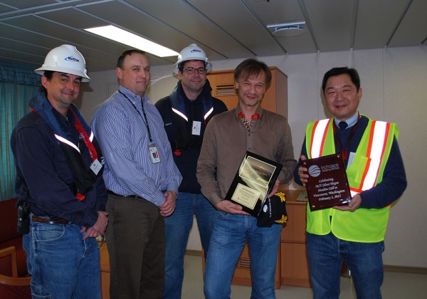Photo courtesy of Port of Vancouver USA Left to right:  Greg Murphy, Steve Mickelson, Aaron Flett, Capt. Sergey Degtyaryov, Atsuo Utsumi