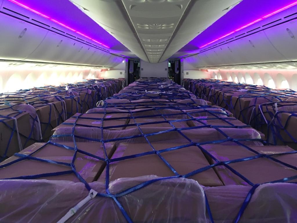 PPE cargo inside the passenger cabin of one of Virgin Atlantic's flights