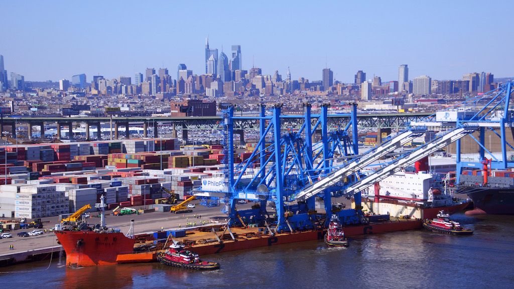 New Port of Philadelphia cranes arrive at the Packer Avenue Marine Terminal. Photo credit: iskyimages 