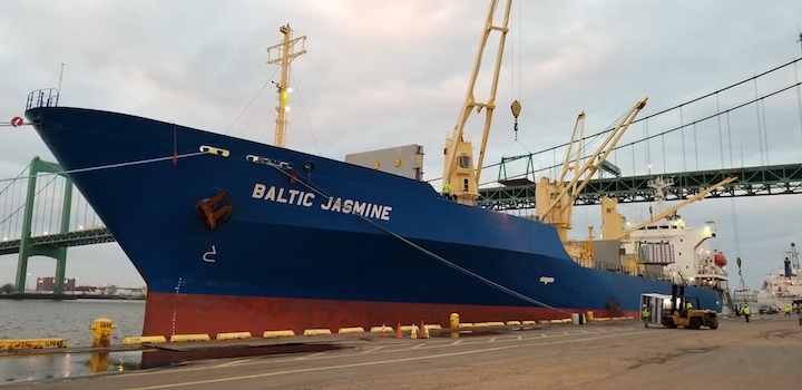 The M/V Baltic Jasmine, the first ship of the 2019 Chilean Winter Fruit season, docks at the Gloucester Marine Terminal in Gloucester City, New Jersey. The ship unloaded nearly 2,500 tons of grapes, plums, nectarines and other products.