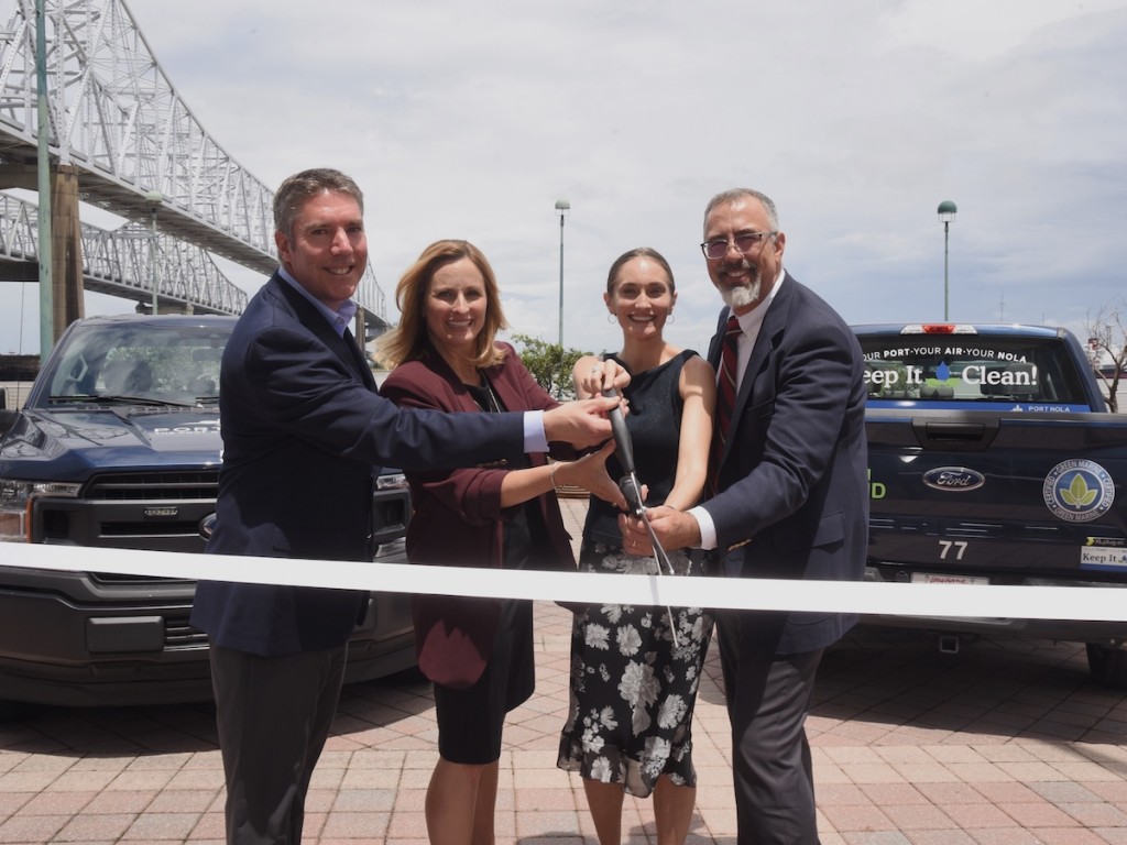 From left to right: Director of Marketing for XL Fleet Eric Foellmer, Port NOLA President & CEO Brandy D. Christian, Executive Director of Regional Planning Commission Jeffrey Roesel and Director of Southeast Louisiana Clean Fuel Partnership Courtney Young cut the ribbon on two new plug-in hybrid trucks.