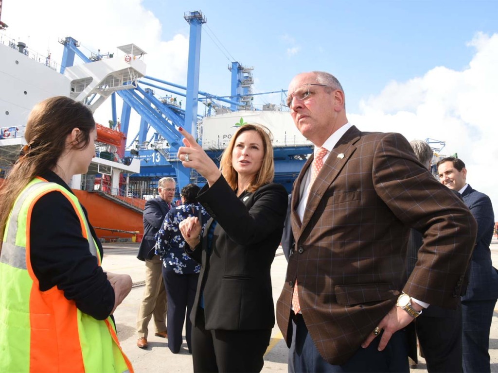 Governor John Bel Edwards and President and CEO of Port NOLA Brandy D. Christian in front of the new cranes as they made their arrival. 