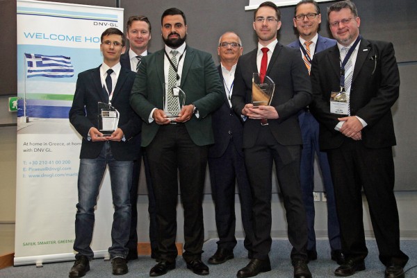 The DNV GL Young Professionals Award ceremony at Posidonia (from left to right): Victor Bolbot (National Technical University of Athens), Knut Ørbeck-Nilssen, CEO DNV GL – Maritime, Isa Duran (Technical University of Denmark), Professor Apostolos Papanikolaou from the National Technical University of Athens, Aleksei Alekseev (University of Rostock), Remi Eriksen, Group President and CEO of DNV GL, Ioannis Chiotopoulos, Regional Manager for the East Mediterranean, Black and Caspian Sea at DNV GL – Maritime.