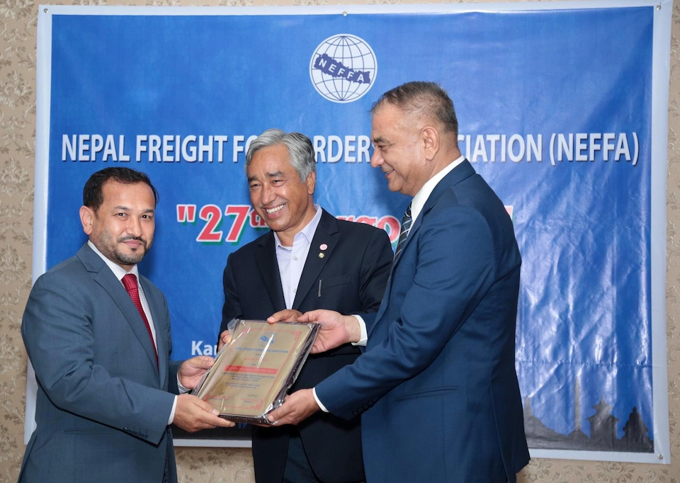 from left: Tap Shrestha, Senior Cargo Sales Executive Nepal, Qatar Airways Cargo; Prakash Karki, Immediate Past President NEFFA; Manoj Adhikari, President NEFFA