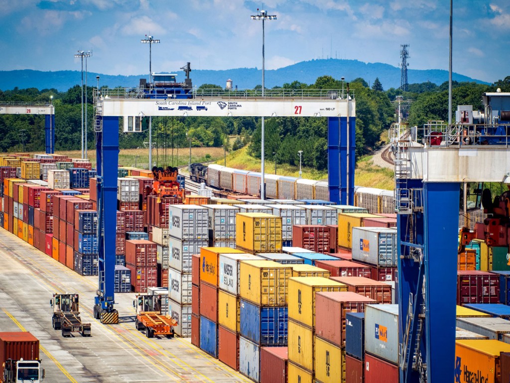 SC Ports’ Inland Port Greer bustles with activity about 220 miles northwest of the Port of Charleston via interstate highways or Norfolk Southern rail. (Photo credit: Craig Lee, South Carolina Ports Authority) 