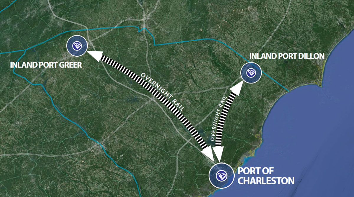 SC Ports’ inland port facilities in Greer and Dillon, South Carolina, are linked to the Port of Charleston via overnight rail service. 
