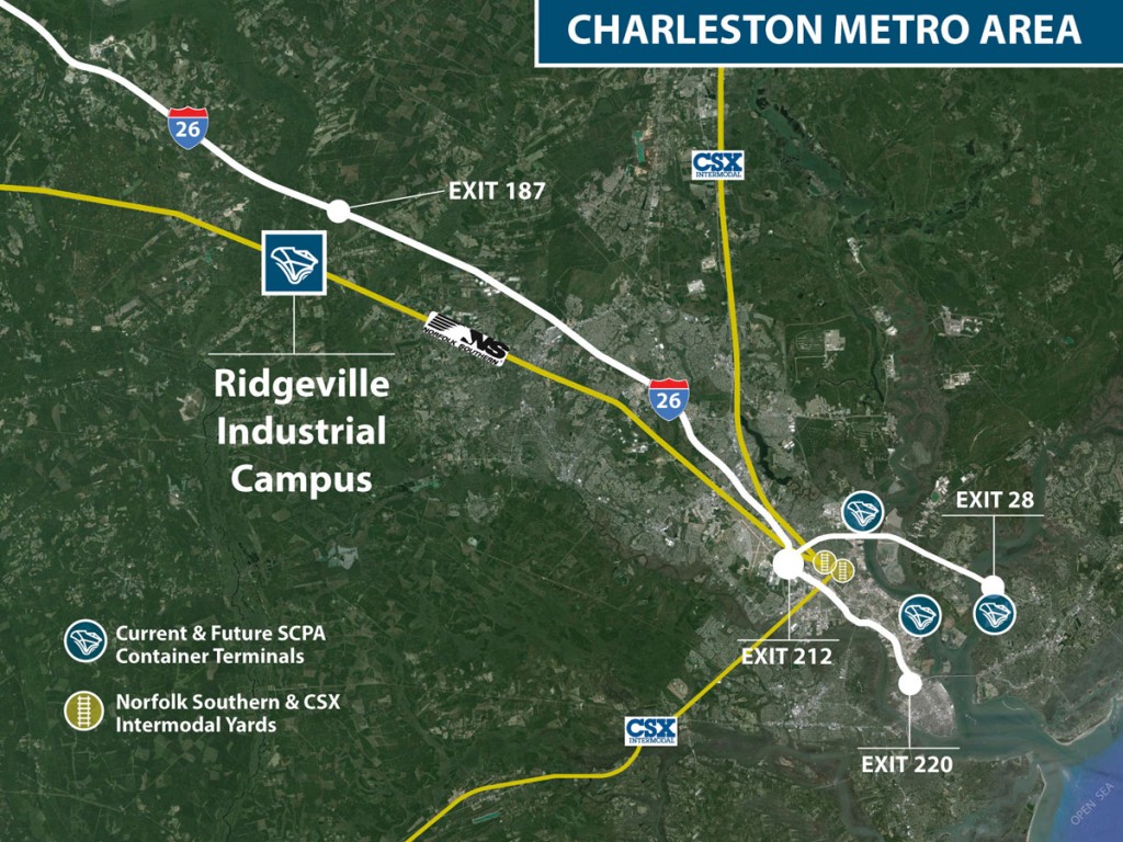 The South Carolina Ports Authority’s Ridgeville Industrial Campus is conveniently located about 30 miles from Port of Charleston docks by way of Interstate 26 or Norfolk Southern rail. 