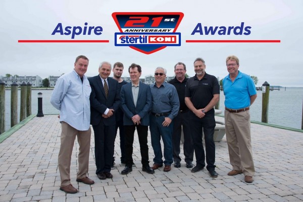 2016 Aspire Program awardees left to right: Dave Merrow, president of Heavy Duty Lift & Equipment; Jean Dellamore, president of Stertil-Koni; Phillippe and Joe Palma, of Novaquip; Larry Morgan, with Hoffman Services; John Campbell of Power Washer Sales, Gary Vermeulen, president of Westvac International and Mark Friess with Heavy Lift Systems