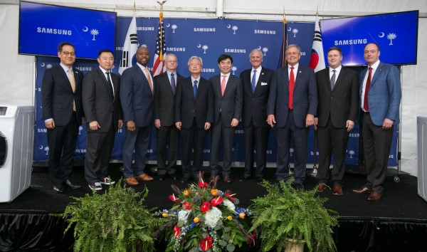 1/12/18 Samsung celebrates the ribbon cutting of the first commercial washers being produced at the Newberry, SC plant. Pictured from left are: Young-jun Kim, Korean Consul General in Atlanta; Joon So, President of Samsung Electronics Home Appliances America; U.S. Senator Tim Scott; Newberry County Administrator Wayne Adams; South Korean Ambassador to the U.S., Yoon-Je Cho; President and Head of Consumer Electronics Division of Samsung Electronics, H.S. Kim; South Carolina Governor Henry McMaster; U.S. Representative Ralph Norman; Deputy Assistant Secretary of Manufacturing at the U.S. Department of Commerce, Ian Steff; President and CEO of Samsung Electronics North America Tim Baxter. Photos by Renee Ittner McManus/RIM Photography
