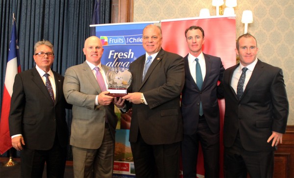 Pictured: Senator Stephen F. Sweeney accepts the 19th Annual “Friend of Chile” Award with [left to right] Robert W. Palaima, President Delaware River Stevedores and Chairman, Chilean and American Chamber; Leo A. Holt, President, Holt Logistics Corp; Honorable Stephen F. Sweeney, New Jersey Senate President; Thomas J. Holt, Jr., President of Astro Holdings, LLC; and Michael Holt, Holt Logistics.