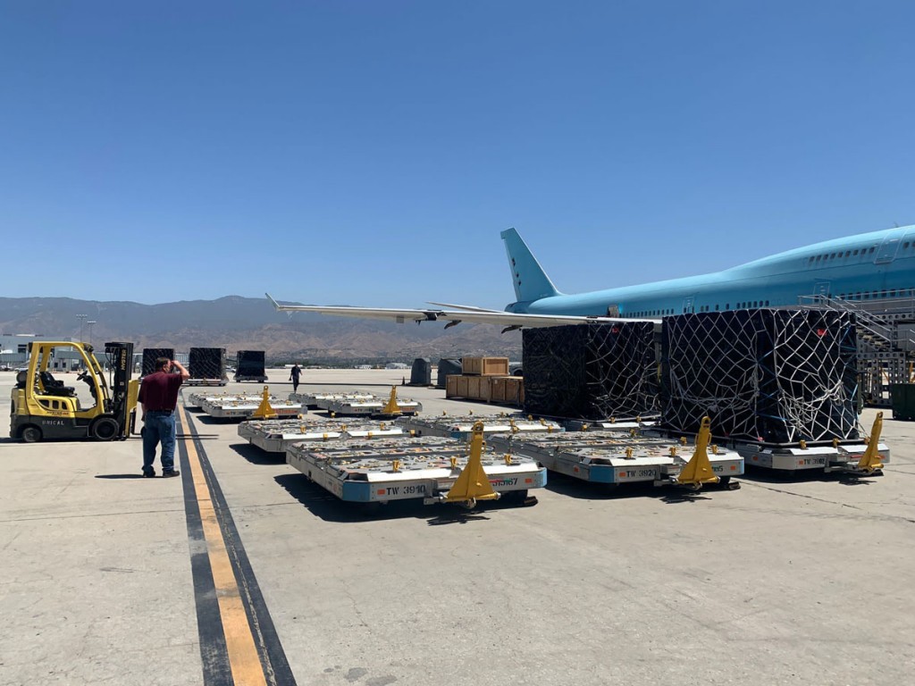 The relief aid cargo at San Bernardino Airport being prepared for its flight to New Delhi