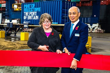Dr Therese Coffey MP, Deputy Leader of the House of Commons, and Clemence Cheng, Port of Felixstowe CEO, open the extension to Berth 9 at the port