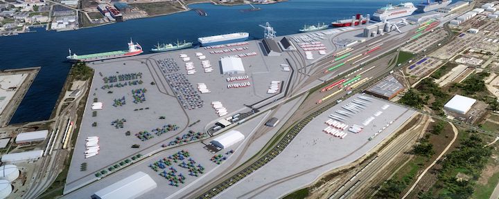 When completed, the Galveston Wharves 70-acre West Port Cargo Complex will include an additional 20 waterfront acres, 2,000 linear feet of docking space, and a rail spur to the waterfront, as shown in this rendering.