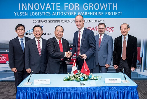 Yusen Logistics and Swisslog signed the contract at a ceremony on December 7, 2016. From left: Lloyd Wee, Sales and Marketing Director, Yusen Logistics SAOR and Singapore; Koh Seng Teck, Managing Director, Swisslog Singapore and Head of Swisslog Southeast Asia; Ng Kim Hung, Managing Director, Yusen Logistics Singapore; Christian Baur, Chief Operation Officer of the Swisslog Group and CEO of Warehouse and Distribution Solutions (WDS) Division; Francis Meier, Head of Asia Pacific Region, Swisslog; Kee, Finance Director, Yusen Logistics Singapore