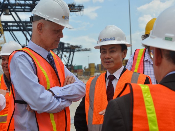 Port Everglades Chief Executive Steven Cernak and ZPMC Chairman Zhu Lianyu discuss the progress of improvements to the crane rail infrastructure that is already underway on the Southport docks.