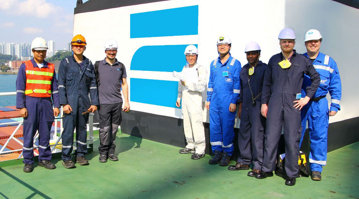 Representatives of Zeaborn Ship Management - Nautilus Log - Korean Register - Verifavia Shipping on-board E.R. TIANPING in Singapore, 9 March 2019 (Picture taken by Michael Suhr)