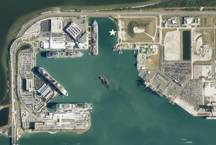 Port Canaveral aerial view. Location of North Cargo Berth 8 indicated by “star” in the above photo (Photo: Canaveral Port Authority)