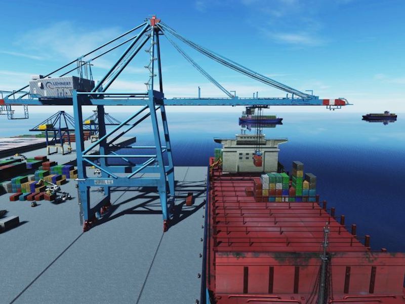 Screenshot of a simulation environment for the virtual commissioning of cranes. ©Christian Koss 