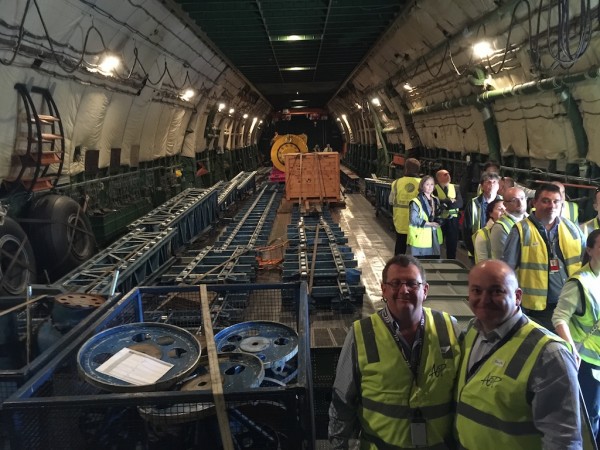 Ken Lyons, Sales and Development Manager, ACP Worldwide (left) with Ross Di Lizio, General Manager, ACP Worldwide (right) taking potential customers on a familiarisation tour on board the AN-225 “Mriya” in Perth, Australia