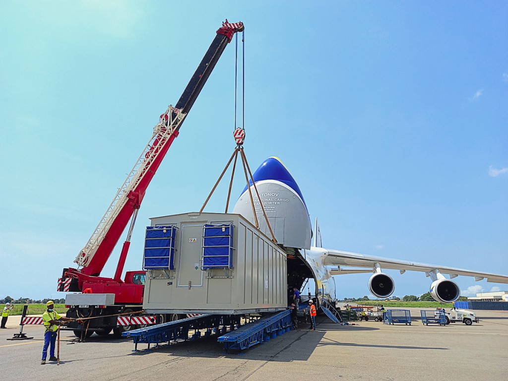 The external ramp system was designed in house by Antonov Airlines engineers and an external crane was used to assist loading and unloading the 40-tonne cargo.