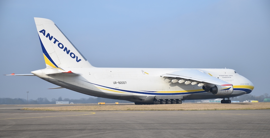 ANTONOV Airlines' AN-124-100 freighter at London Stansted Airport