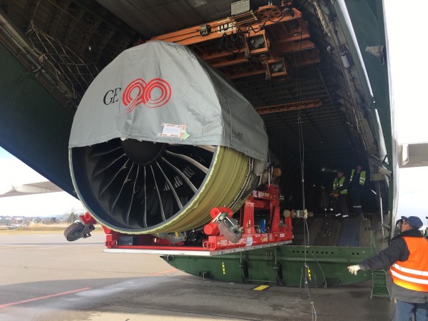 The GE90 being loaded in Zurich, Switzerland