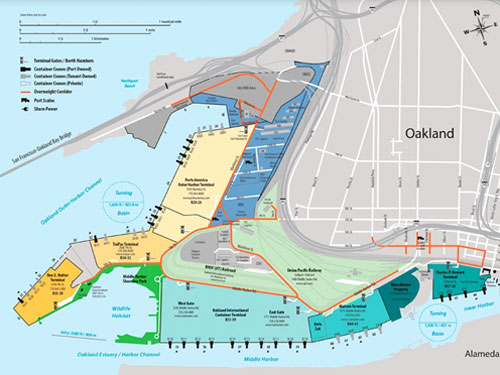 Howard Terminal is located as the innermost terminal in green at the right of this map. It is located on the east end of the Oakland Estuary (Source: Port of Oakland) 