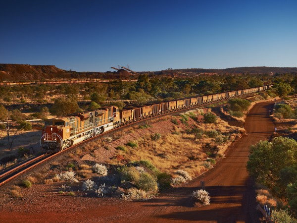  A train loaded with iron ore from a BHP mine makes its way through the Pilbara region in Western Australia. 